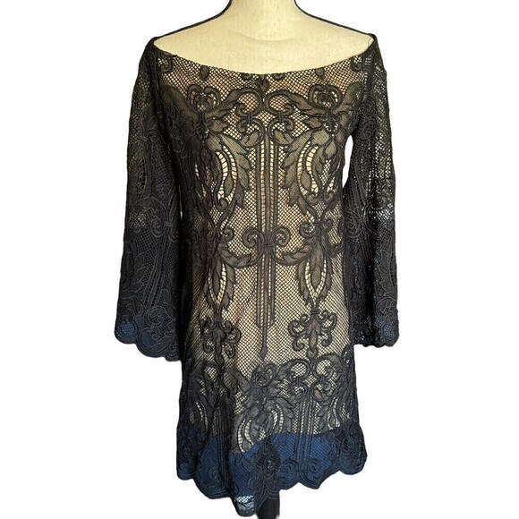 Olivaceous Black Lace Overlay Dress Size Large Scallop Hems Flare 3/4 Sleeves - Picture 1 of 9